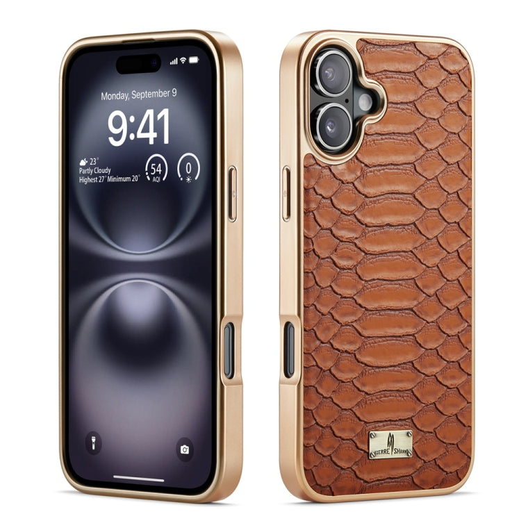 For iPhone 16 Fierre Shann Python Texture Electroplating PU Phone Case(Brown) - iPhone 16 Cases by FIERRE SHANN | Online Shopping UK | buy2fix