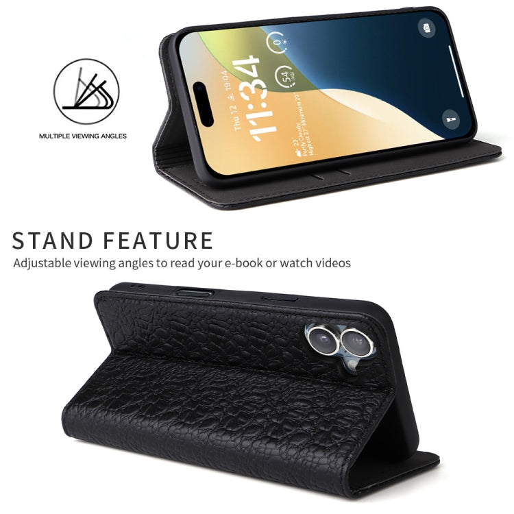 For iPhone 16 Plus Fierre Shann Crocodile Texture Magnetic Genuine Leather Phone Case(Black) - iPhone 16 Plus Cases by FIERRE SHANN | Online Shopping UK | buy2fix