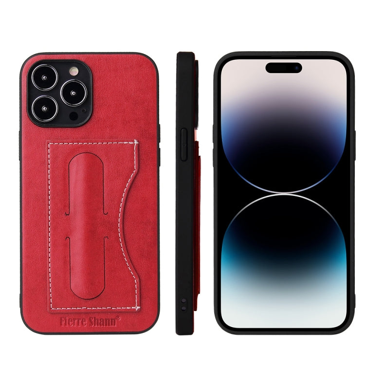 For iPhone 15 Pro Max Fierre Shann Holder Back Cover PU Phone Case(Red) - iPhone 15 Pro Max Cases by FIERRE SHANN | Online Shopping UK | buy2fix