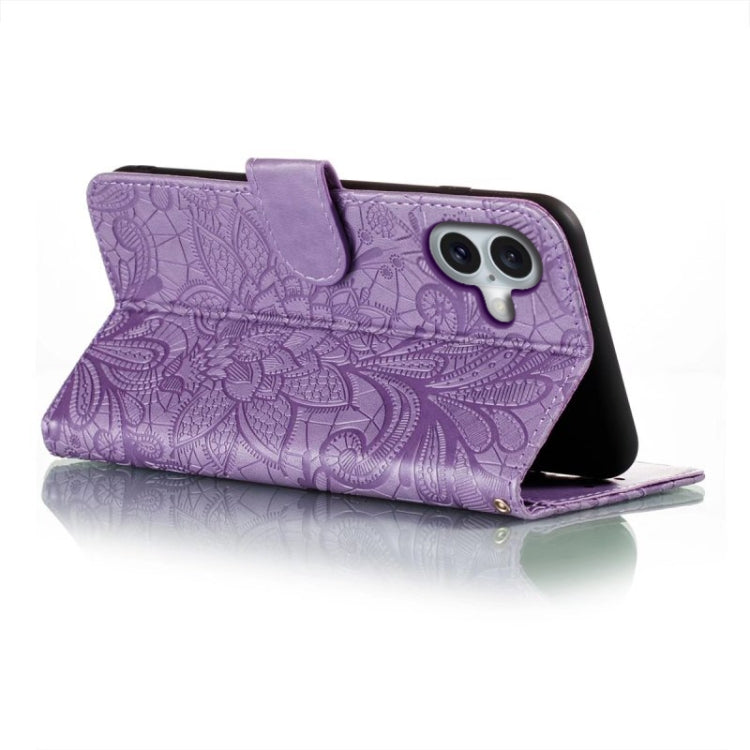 For iPhone 16 Plus Lace Flower Embossing Flip Leather Phone Case(Purple) - iPhone 16 Plus Cases by buy2fix | Online Shopping UK | buy2fix