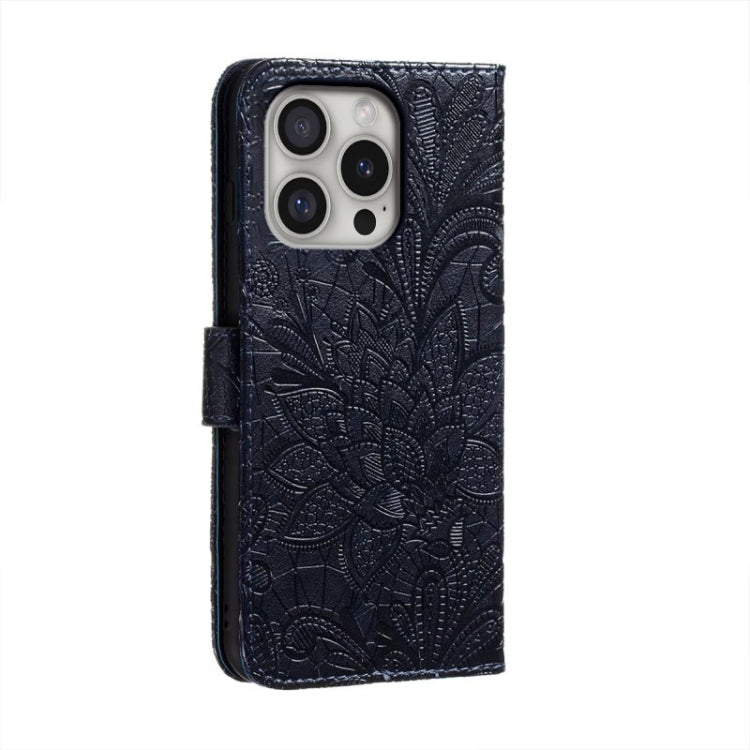 For iPhone 16 Pro Lace Flower Embossing Flip Leather Phone Case(Dark Blue) - iPhone 16 Pro Cases by buy2fix | Online Shopping UK | buy2fix