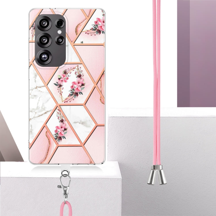 For Samsung Galaxy S25 Ultra 5G Electroplating Splicing Marble Flower IMD TPU Phone Case with Lanyard(Pink Flower) - Galaxy S25 Ultra 5G Cases by buy2fix | Online Shopping UK | buy2fix