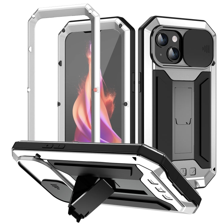 For iPhone 15 Plus R-JUST Sliding Camera Life Waterproof Holder Phone Case(Silver) - iPhone 15 Plus Cases by R-JUST | Online Shopping UK | buy2fix