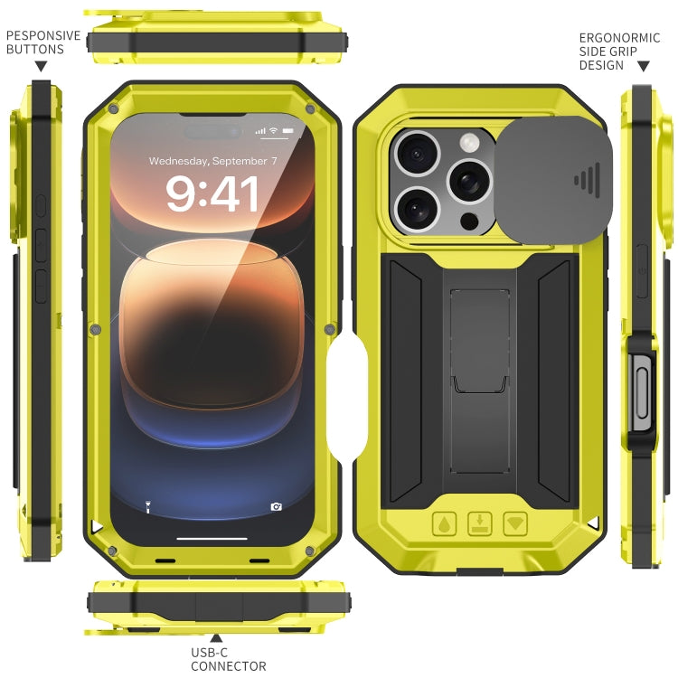 For iPhone 16 Pro Max R-JUST Sliding Camera IP54 Life Waterproof Holder Phone Case(Yellow) - iPhone 16 Pro Max Cases by R-JUST | Online Shopping UK | buy2fix