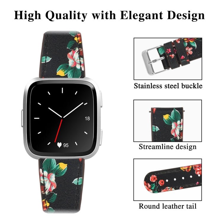 For Fitbit Versa 2 / Fitbit Versa / Fitbit Versa Lite Leather Watch Band with Round Tail Buckle(Black Safflower) - Watch Bands by buy2fix | Online Shopping UK | buy2fix