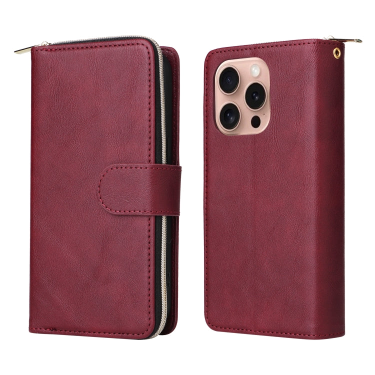 For iPhone 16 Pro 9 Card Slots Zipper Wallet Bag Leather Phone Case(Wine Red) - iPhone 16 Pro Cases by buy2fix | Online Shopping UK | buy2fix