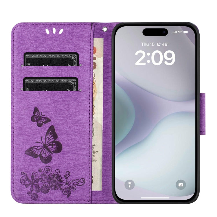 For iPhone 16 Plus Butterfly Embossed Flip Leather Phone Case(Purple) - iPhone 16 Plus Cases by buy2fix | Online Shopping UK | buy2fix