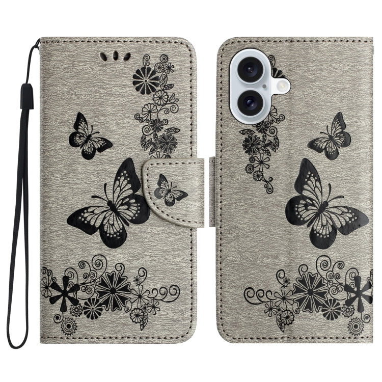 For iPhone 16 Plus Butterfly Embossed Flip Leather Phone Case(Grey) - iPhone 16 Plus Cases by buy2fix | Online Shopping UK | buy2fix