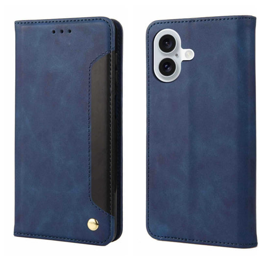 For iPhone 16 Plus Skin Feel Splicing Leather Phone Case(Blue) - iPhone 16 Plus Cases by buy2fix | Online Shopping UK | buy2fix