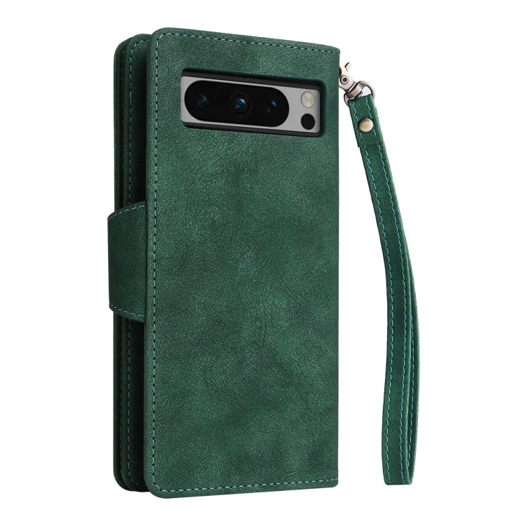 For Google Pixel 8 Pro Rivet Buckle 9 Cards Three Fold Leather Phone Case(Green) - Google Cases by buy2fix | Online Shopping UK | buy2fix