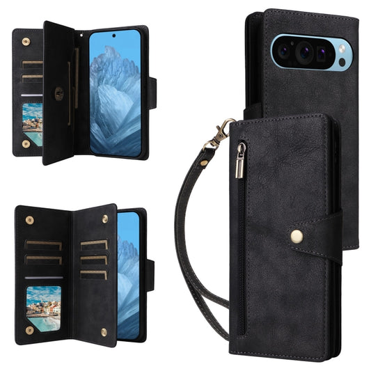 For Google Pixel 9 Rivet Buckle 9 Cards Three Fold Leather Phone Case(Black) - Google Cases by buy2fix | Online Shopping UK | buy2fix