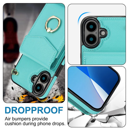 For iPhone 16 Plus Ring Holder RFID Card Slot Phone Case(Mint Green) - iPhone 16 Plus Cases by buy2fix | Online Shopping UK | buy2fix