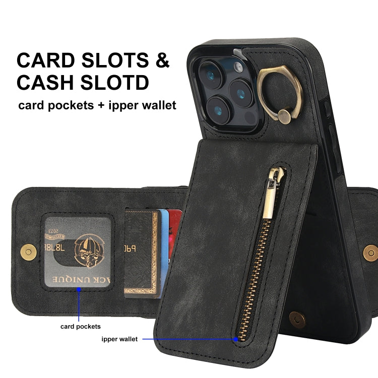 For iPhone 16 Pro Retro Ring and Zipper RFID Card Slot Phone Case(Black) - iPhone 16 Pro Cases by buy2fix | Online Shopping UK | buy2fix