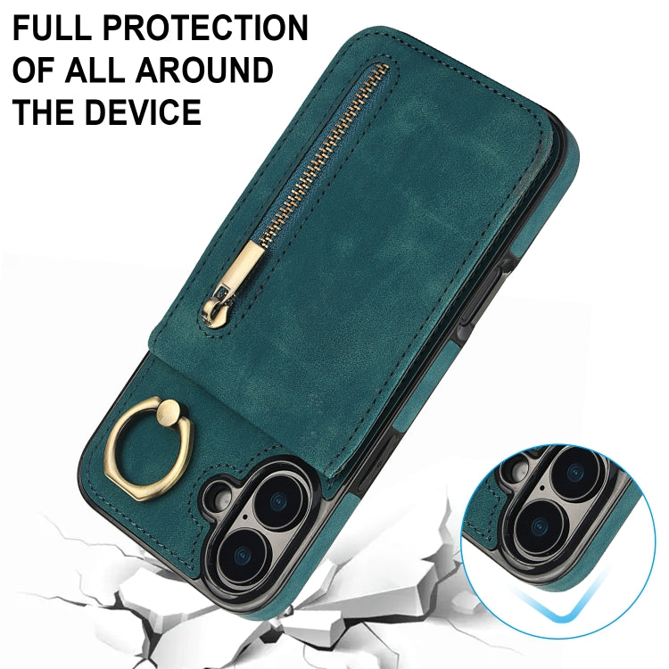 For iPhone 16 Plus Retro Ring and Zipper RFID Card Slot Phone Case(Blue) - iPhone 16 Plus Cases by buy2fix | Online Shopping UK | buy2fix