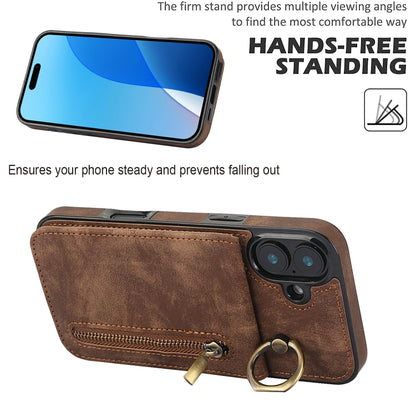 For iPhone 16 Retro Ring and Zipper RFID Card Slot Phone Case(Brown) - iPhone 16 Cases by buy2fix | Online Shopping UK | buy2fix