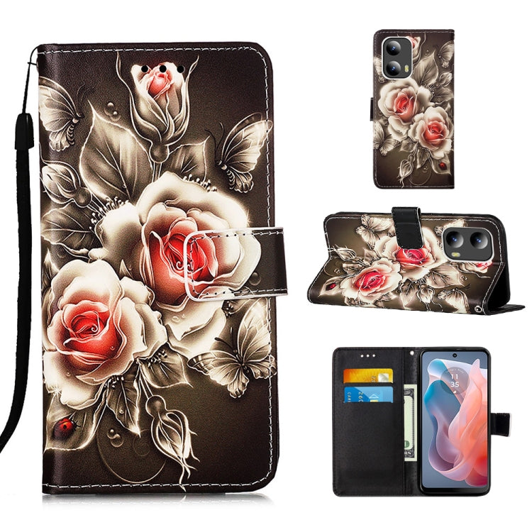 For Motorola Moto G Play 5G 2024 Colored Drawing Pattern Plain Weave Leather Phone Case(Roses On Black) - Motorola Cases by buy2fix | Online Shopping UK | buy2fix