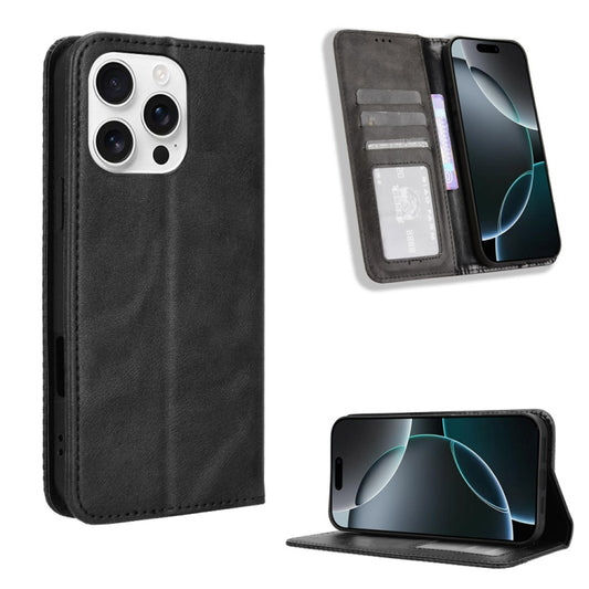 For iPhone 16 Pro Max Magnetic Buckle Retro Texture Leather Phone Case(Black) - iPhone 16 Pro Max Cases by buy2fix | Online Shopping UK | buy2fix