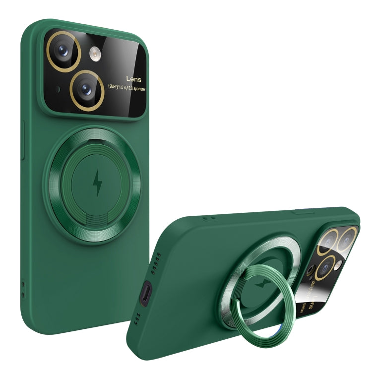 For iPhone 14 Large Window MagSafe Magnetic Holder Phone Case(Dark Green) - iPhone 14 Cases by buy2fix | Online Shopping UK | buy2fix