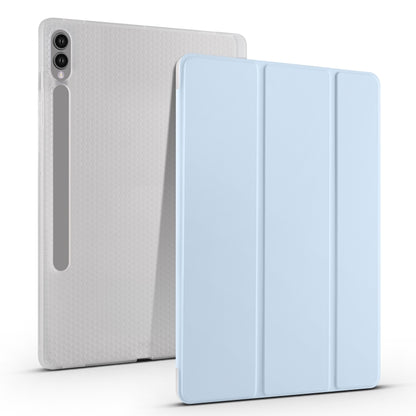 For Samsung Galaxy Tab S9+ 3-folding Transparent TPU Smart Leather Tablet Case with Pen Slot(Ice Blue) - Galaxy Tab S9+ Cases by buy2fix | Online Shopping UK | buy2fix