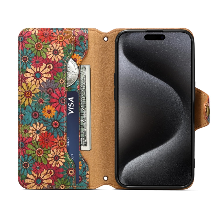 For iPhone 16 Denior Flower Language Series Cork Fabric Oil Edge Leather Phone Case(Spring) - iPhone 16 Cases by Denior | Online Shopping UK | buy2fix