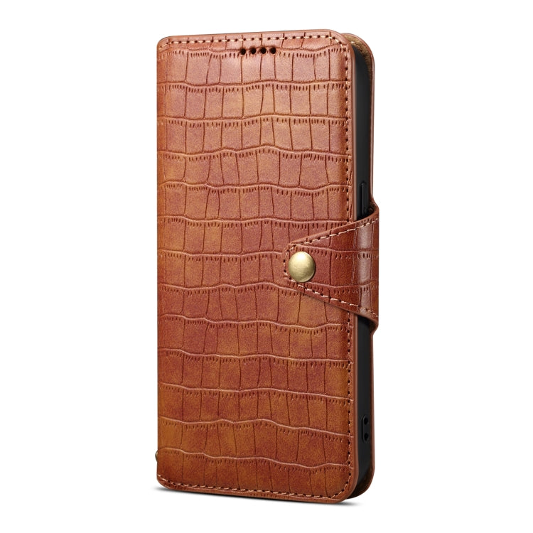 For iPhone 16 Plus Denior Crocodile Texture Oil Edge Leather Phone Case(Brown) - iPhone 16 Plus Cases by Denior | Online Shopping UK | buy2fix