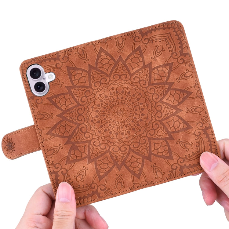 For iPhone 16 Plus Mandala Embossed Dual-Fold Calf Leather Phone Case(Brown) - iPhone 16 Plus Cases by buy2fix | Online Shopping UK | buy2fix