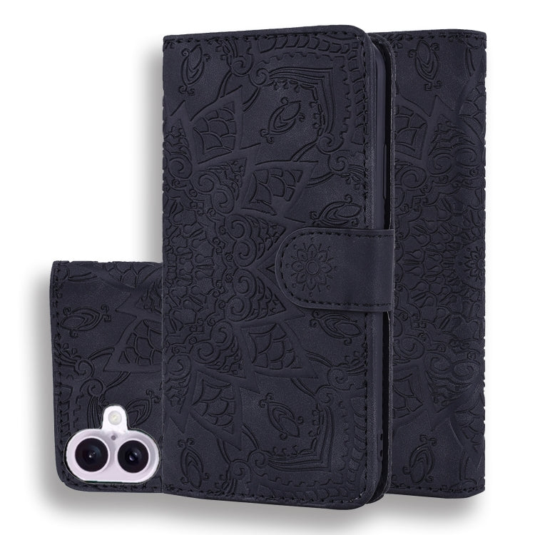 For iPhone 16 Plus Mandala Embossed Dual-Fold Calf Leather Phone Case(Black) - iPhone 16 Plus Cases by buy2fix | Online Shopping UK | buy2fix