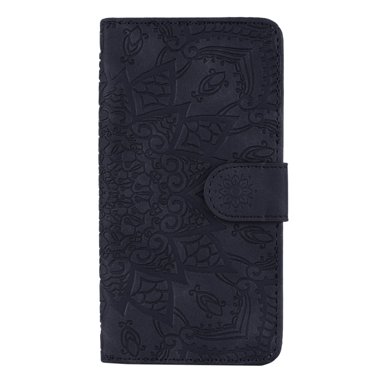 For iPhone 16 Plus Mandala Embossed Dual-Fold Calf Leather Phone Case(Black) - iPhone 16 Plus Cases by buy2fix | Online Shopping UK | buy2fix