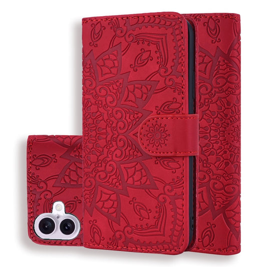 For iPhone 16 Plus Mandala Embossed Dual-Fold Calf Leather Phone Case(Red) - iPhone 16 Plus Cases by buy2fix | Online Shopping UK | buy2fix