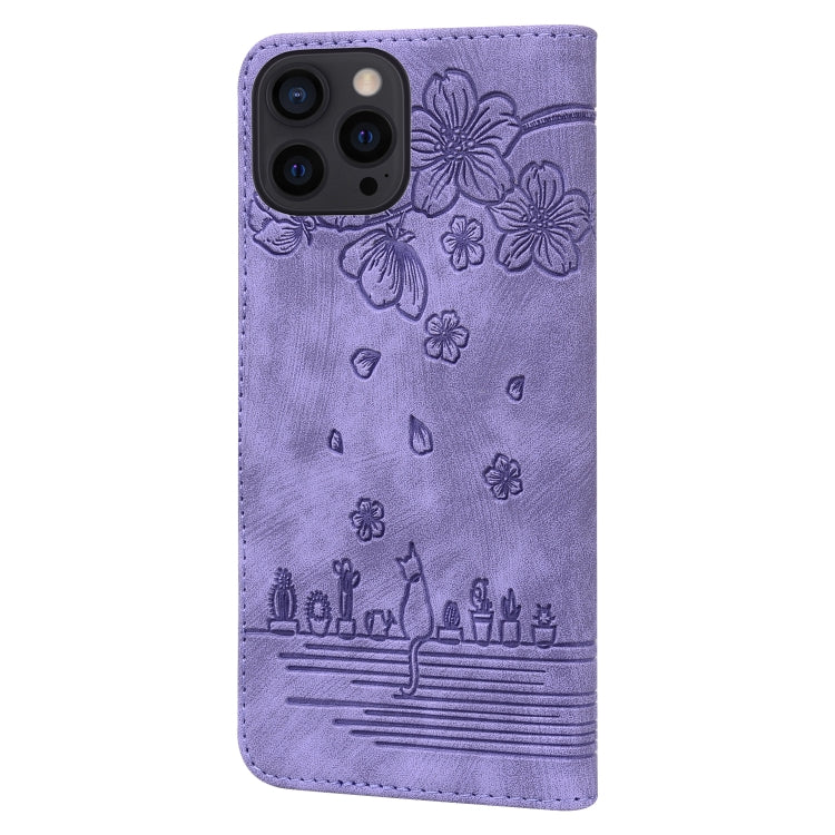 For iPhone 16 Pro Max Cartoon Sakura Cat Embossed Leather Phone Case(Purple) - iPhone 16 Pro Max Cases by buy2fix | Online Shopping UK | buy2fix