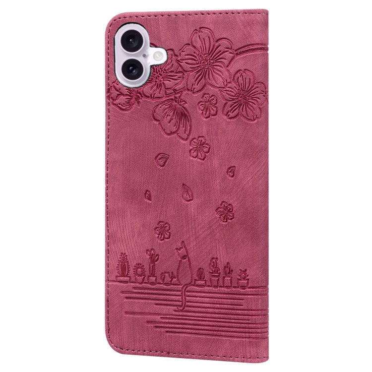 For iPhone 16 Plus Cartoon Sakura Cat Embossed Leather Phone Case(Wine Red) - iPhone 16 Plus Cases by buy2fix | Online Shopping UK | buy2fix