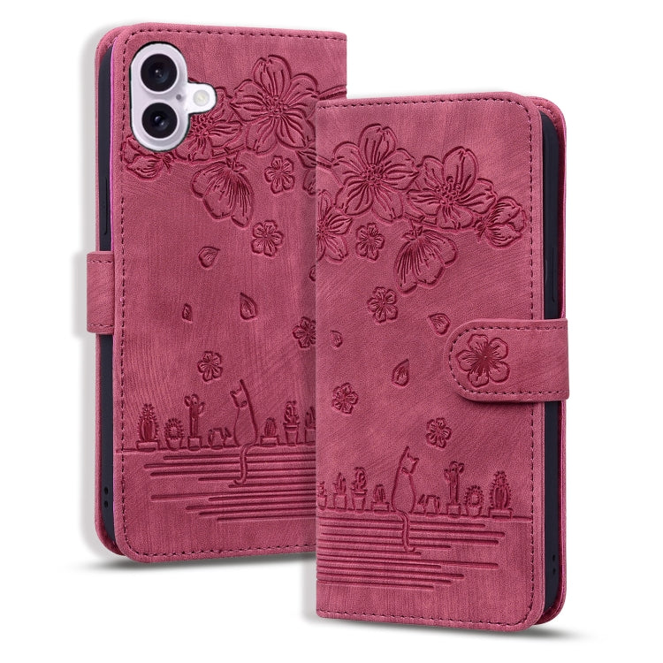 For iPhone 16 Cartoon Sakura Cat Embossed Leather Phone Case(Wine Red) - iPhone 16 Cases by buy2fix | Online Shopping UK | buy2fix