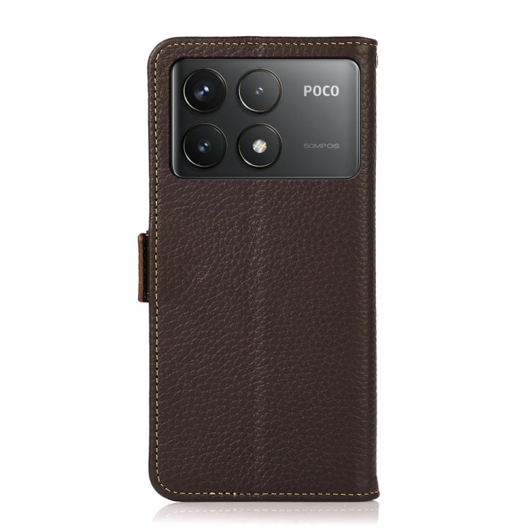 For Xiaomi Redmi K70 KHAZNEH Side-Magnetic Litchi Genuine Leather RFID Phone Case(Brown) - K70 Cases by buy2fix | Online Shopping UK | buy2fix