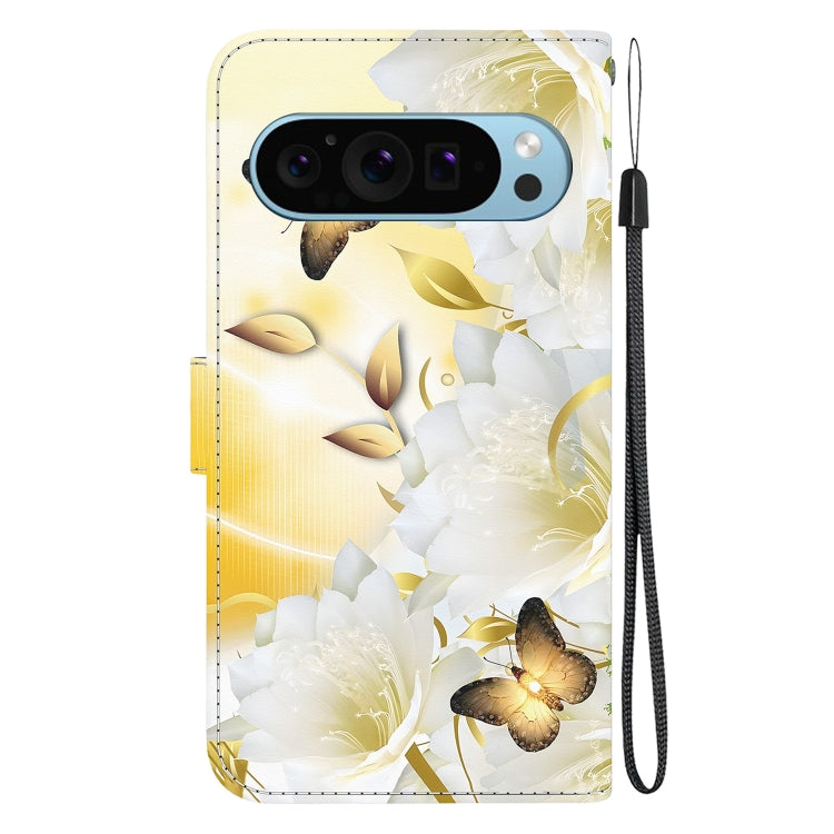 For Google Pixel 9 Pro Crystal Texture Colored Drawing Leather Phone Case(Gold Butterfly Epiphyllum) - Google Cases by buy2fix | Online Shopping UK | buy2fix