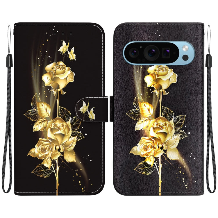 For Google Pixel 9 Crystal Texture Colored Drawing Leather Phone Case(Gold Butterfly Rose) - Google Cases by buy2fix | Online Shopping UK | buy2fix