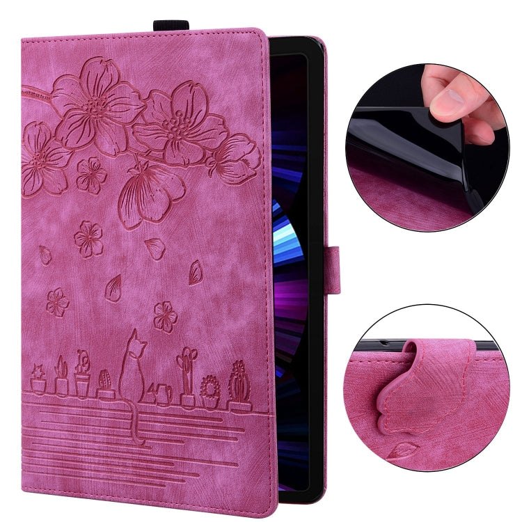 For Samsung Galaxy Tab S9 /S8 /S7 Cartoon Sakura Cat Embossed Smart Leather Tablet Case(Rose Red) - Galaxy Tab S9 Cases by buy2fix | Online Shopping UK | buy2fix