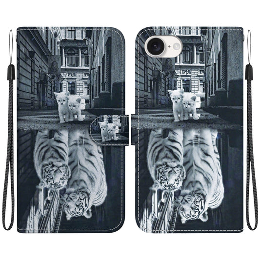 For iPhone 16e Crystal Texture Colored Drawing Leather Phone Case(Cat Tiger Reflection) - iPhone 16e Cases by buy2fix | Online Shopping UK | buy2fix