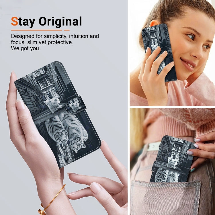 For iPhone 16 Crystal Texture Colored Drawing Leather Phone Case(Cat Tiger Reflection) - iPhone 16 Cases by buy2fix | Online Shopping UK | buy2fix