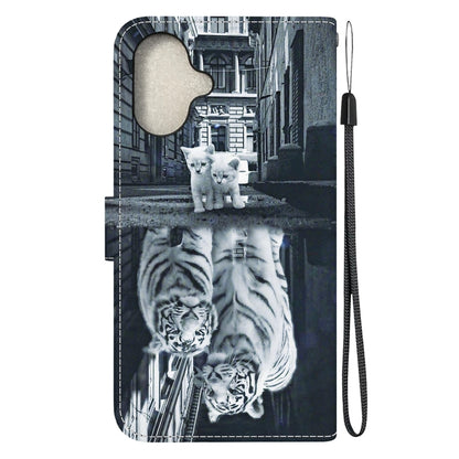 For iPhone 16 Plus Crystal Texture Colored Drawing Leather Phone Case(Cat Tiger Reflection) - iPhone 16 Plus Cases by buy2fix | Online Shopping UK | buy2fix