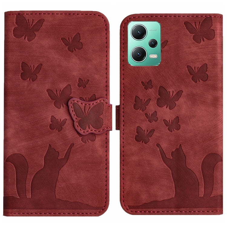 For Xiaomi Poco X5 / Redmi Note 12 5G Butterfly Cat Embossing Flip Leather Phone Case(Red) - Xiaomi Cases by buy2fix | Online Shopping UK | buy2fix