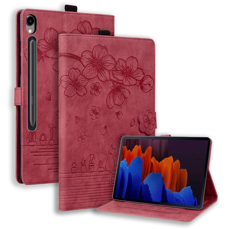 For Samsung Galaxy Tab S9 FE+ Cartoon Sakura Cat Embossed Leather Tablet Case(Red) - Galaxy Tab S9 FE+ by buy2fix | Online Shopping UK | buy2fix