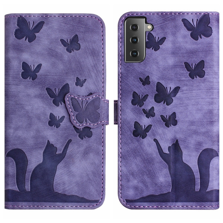 For Samsung Galaxy S22 5G Butterfly Cat Embossing Flip Leather Phone Case(Purple) - Galaxy S22 5G Cases by buy2fix | Online Shopping UK | buy2fix