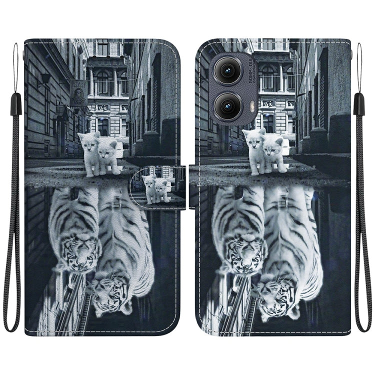 For Motorola Edge 2024 Crystal Texture Colored Drawing Leather Phone Case(Cat Tiger Reflection) - Motorola Cases by buy2fix | Online Shopping UK | buy2fix