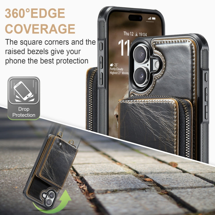 For iPhone 16 JEEHOOD C22 Series Zipper Wallet Leather Phone Case with Dual Lanyard(Coffee) - iPhone 16 Cases by JEEHOOD | Online Shopping UK | buy2fix