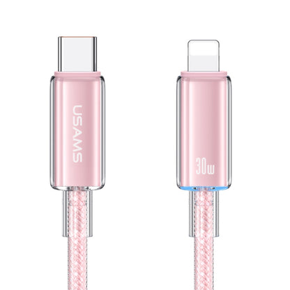 USAMS Type-C To 8 Pin Aluminum Alloy Clear LED 30W PD Fast Charge Data Cable, Length:1.2m(Pink) - 2 in 1 Cable by USAMS | Online Shopping UK | buy2fix