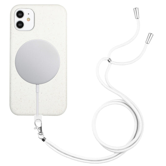 For iPhone 11 Wheat MagSafe Magnetic Straw Material + TPU Phone Case with Lanyard(White) - iPhone 11 Cases by buy2fix | Online Shopping UK | buy2fix