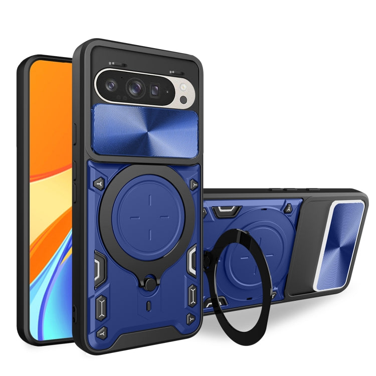 For Google Pixel 9 / 9 Pro CD Texture Sliding Camshield Magnetic Holder Phone Case(Blue) - Google Cases by buy2fix | Online Shopping UK | buy2fix