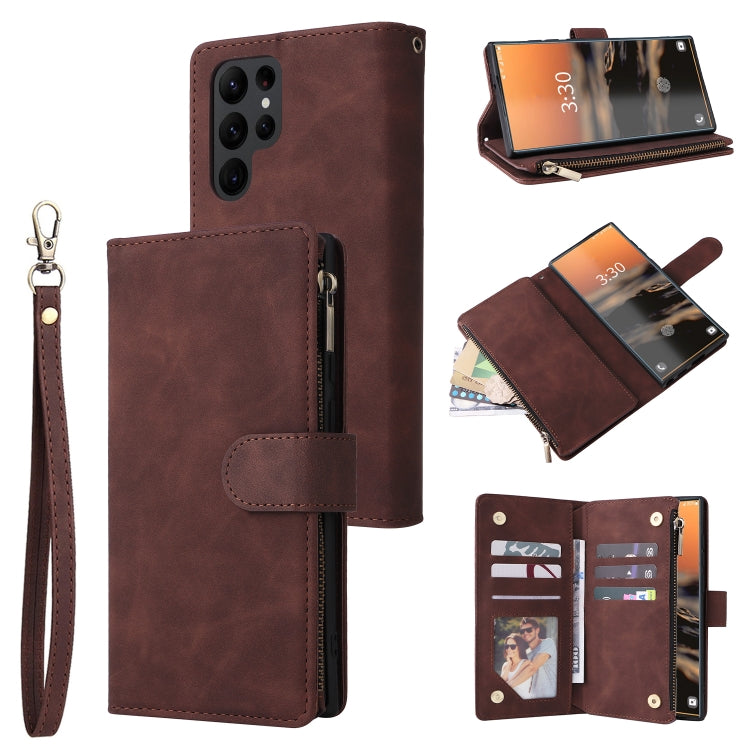 For Samsung Galaxy S23 Ultra 5G Multifunctional Frosted Zipper Wallet Leather Phone Case(Coffee) - Galaxy S23 Ultra 5G Cases by buy2fix | Online Shopping UK | buy2fix