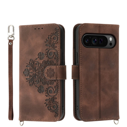 For Google Pixel 9 Pro Skin-feel Flowers Embossed Wallet Leather Phone Case(Brown) - Google Cases by buy2fix | Online Shopping UK | buy2fix