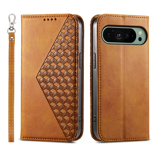 For Google Pixel 9 Cubic Grid Calf Texture Magnetic Leather Phone Case(Yellow) - Google Cases by buy2fix | Online Shopping UK | buy2fix